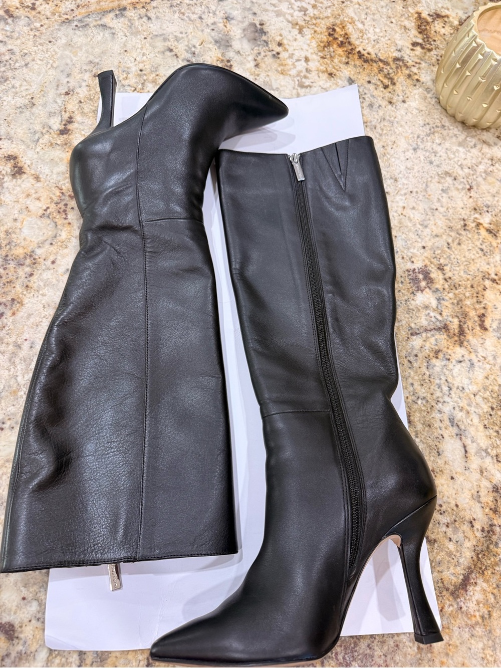 Gianni Bini Black Leather Knee-High Pointed-Toe Stiletto Boots